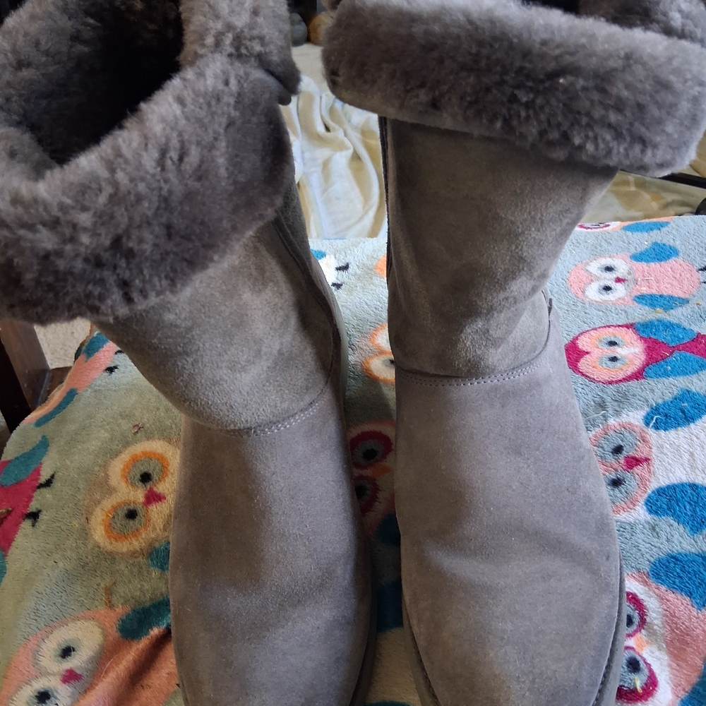 UGG Gray Suede Fleece-Lined Mid-Calf Boots